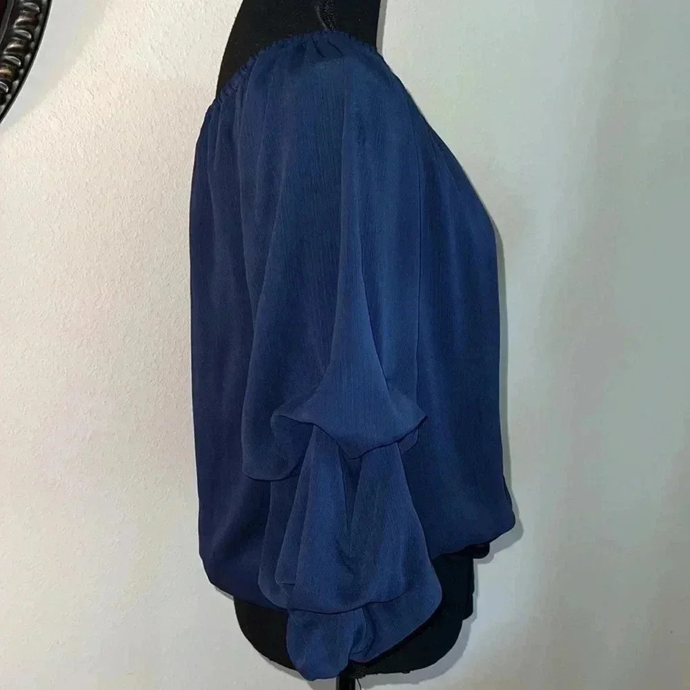 CeCe Women’s Navy Blue Off the Shoulder Bubble 3/4 Sleeve Tie at Waist Blouse M - Picture 14 of 16